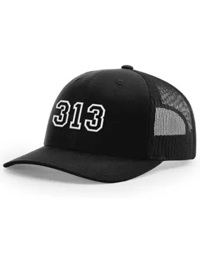 313 Snapback Trucker Hat - Raised Embroidery - White / Black