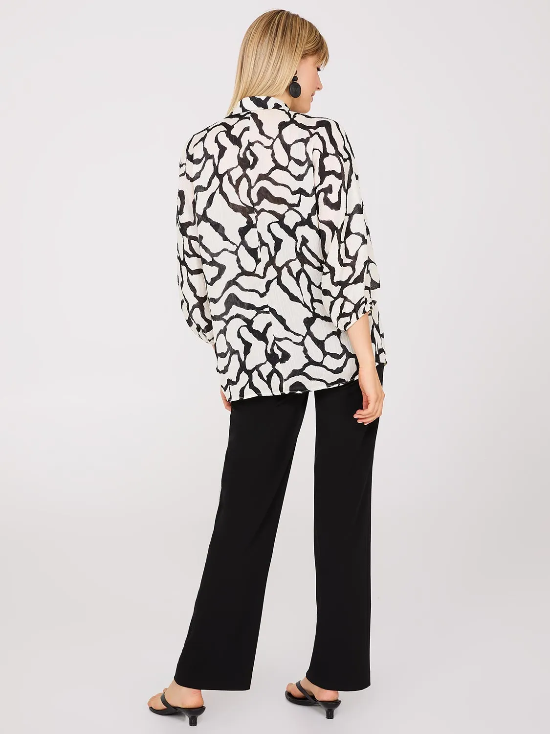 Abstract Print Crinkle Button-Front Blouse