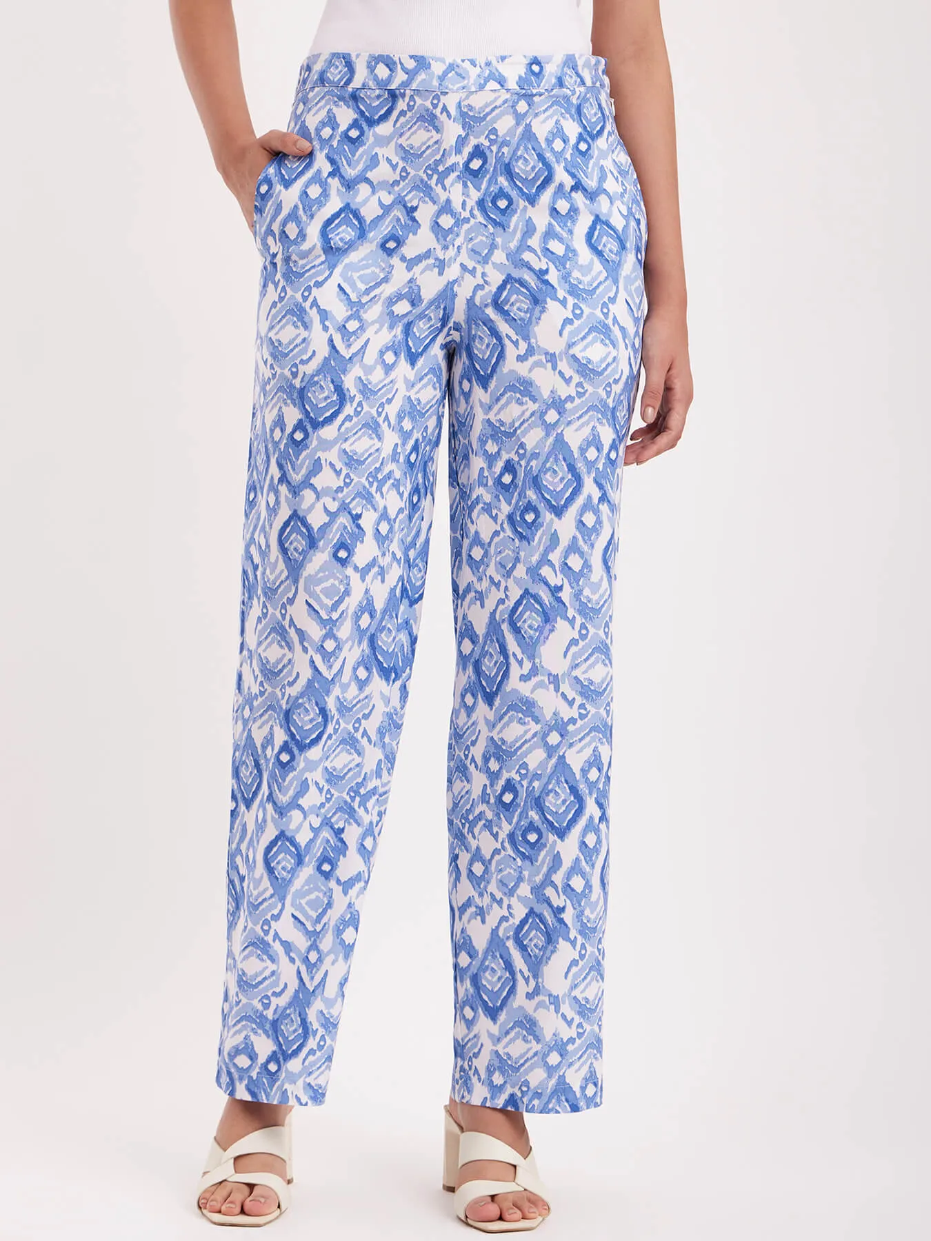 Abstract Print Wide Leg Trousers - White And Blue