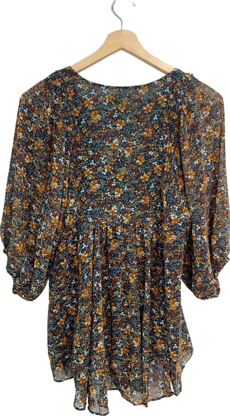 Apricot Green Floral Volume Sleeve Chiffon Tunic UK XS