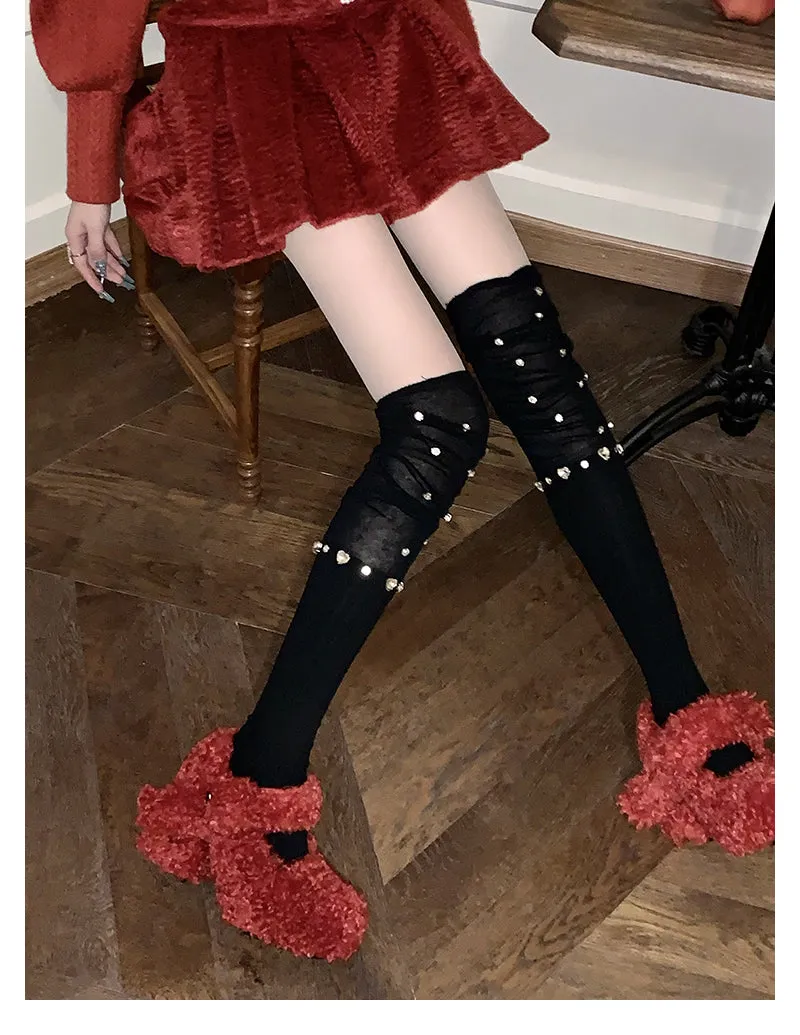 Aubree Rhinestone Embroidery Patchwork Mesh Ribbed Over-The-Knee Socks