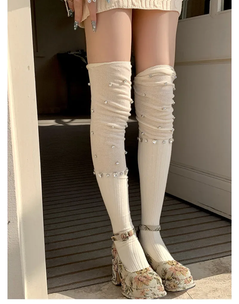 Aubree Rhinestone Embroidery Patchwork Mesh Ribbed Over-The-Knee Socks