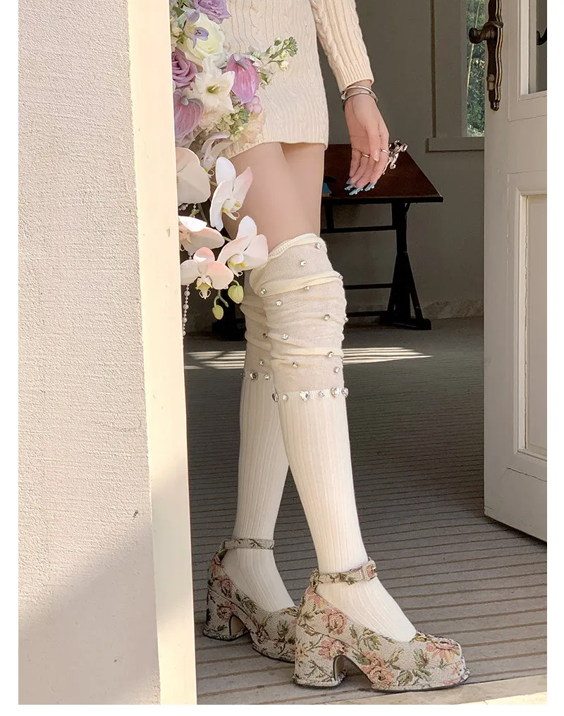 Aubree Rhinestone Embroidery Patchwork Mesh Ribbed Over-The-Knee Socks