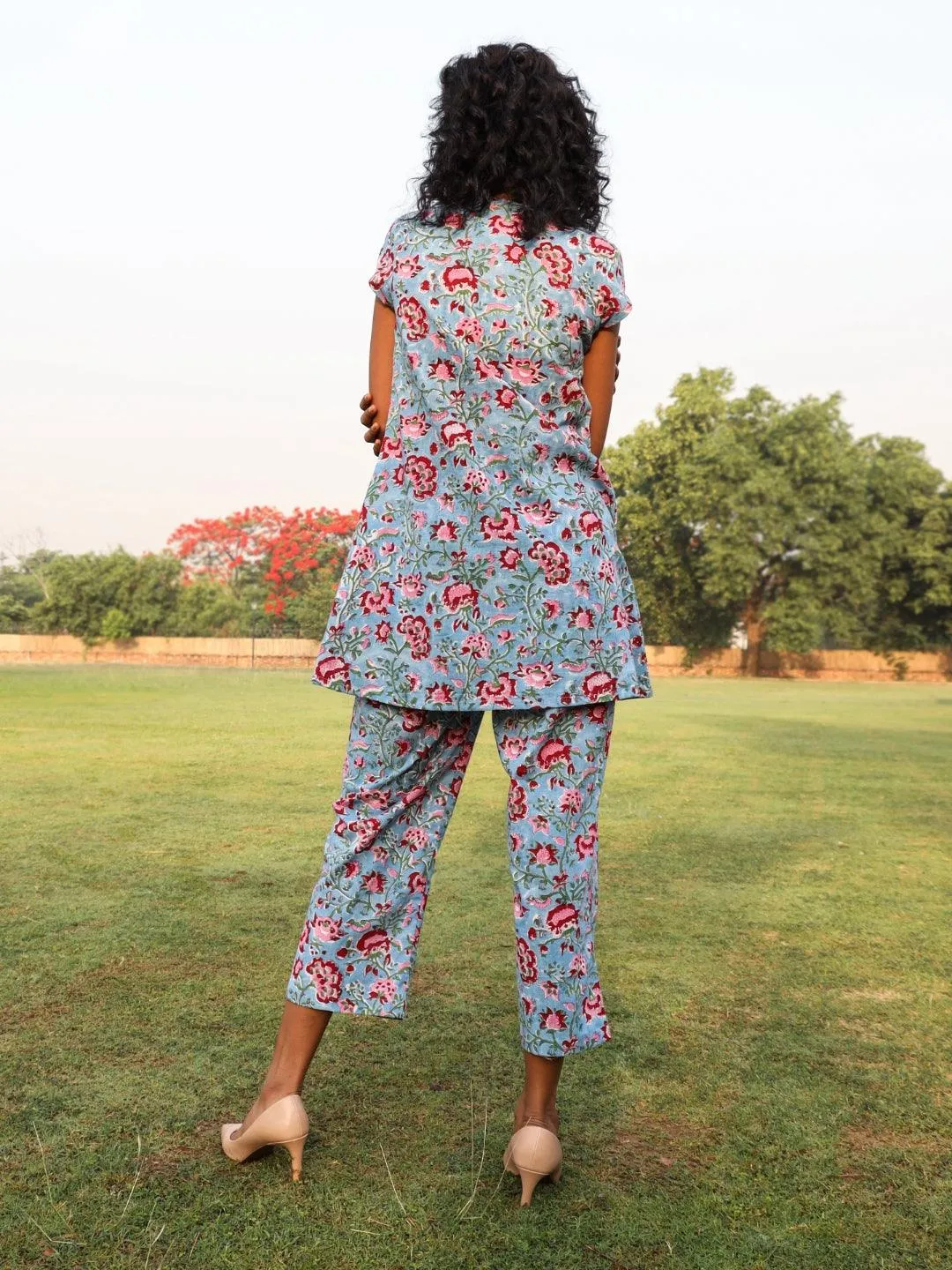 Baby Blue Cotton Block Print Front Slit Co-Ord Set