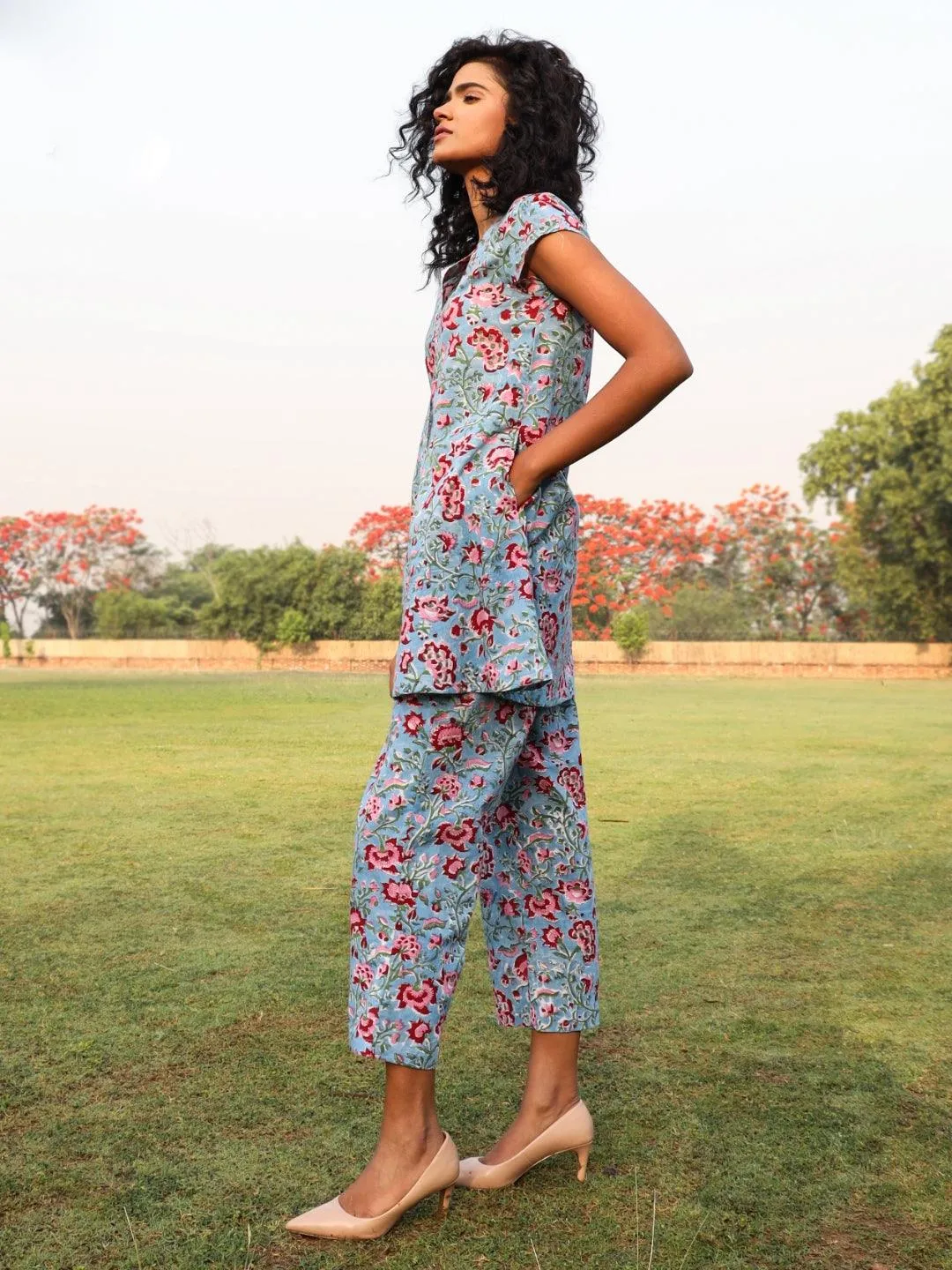 Baby Blue Cotton Block Print Front Slit Co-Ord Set