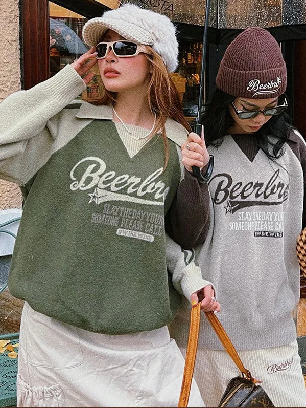 Beerbro Graphic Letter Print Parchwork Long Sleeve Sweater