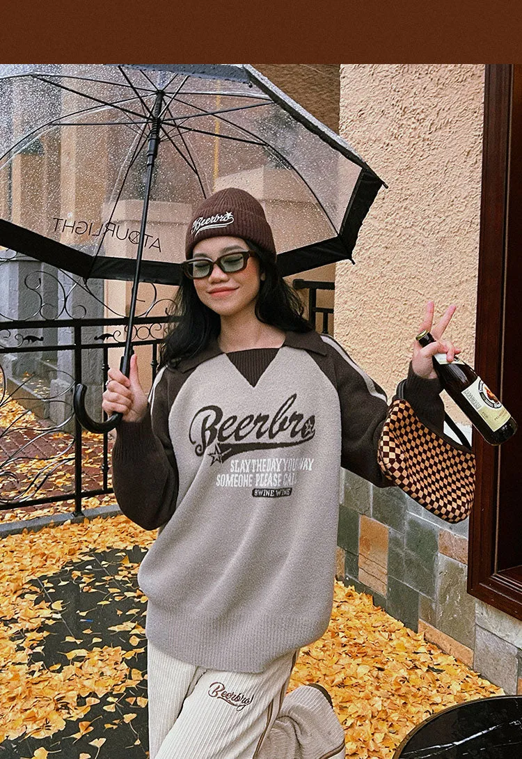 Beerbro Graphic Letter Print Parchwork Long Sleeve Sweater