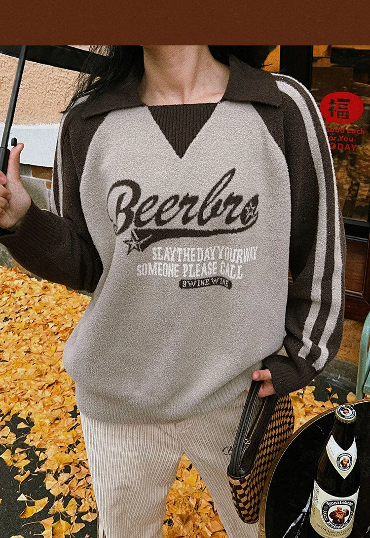 Beerbro Graphic Letter Print Parchwork Long Sleeve Sweater