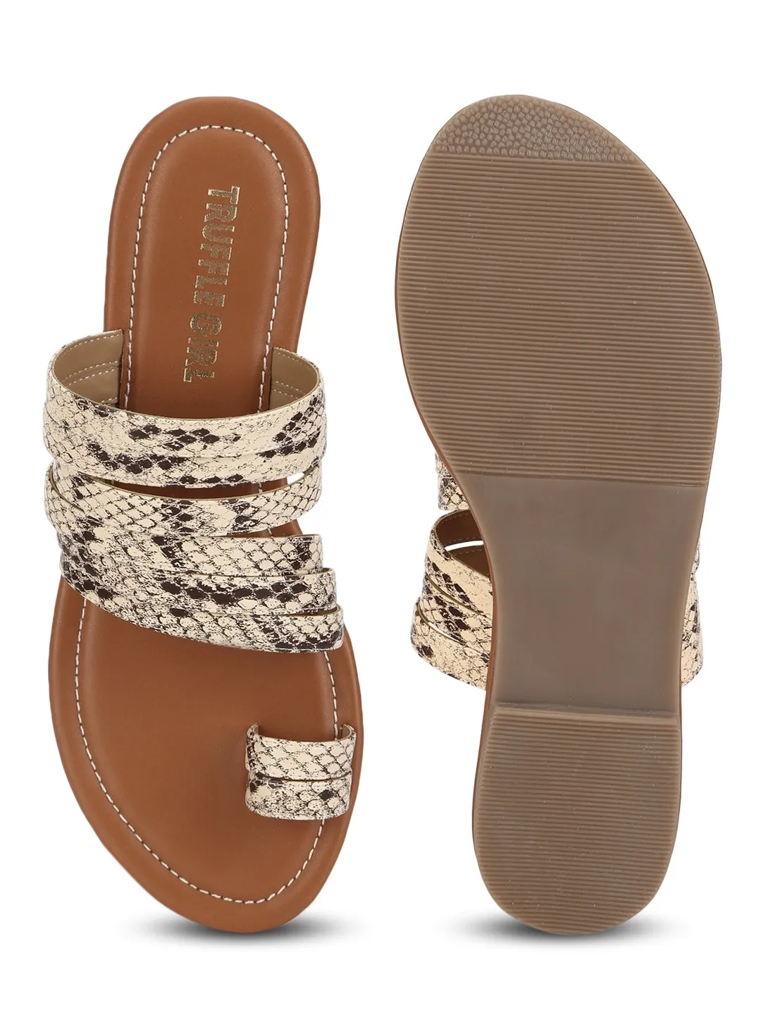 Beige Natural Snake PU Flat Slip On Sandals