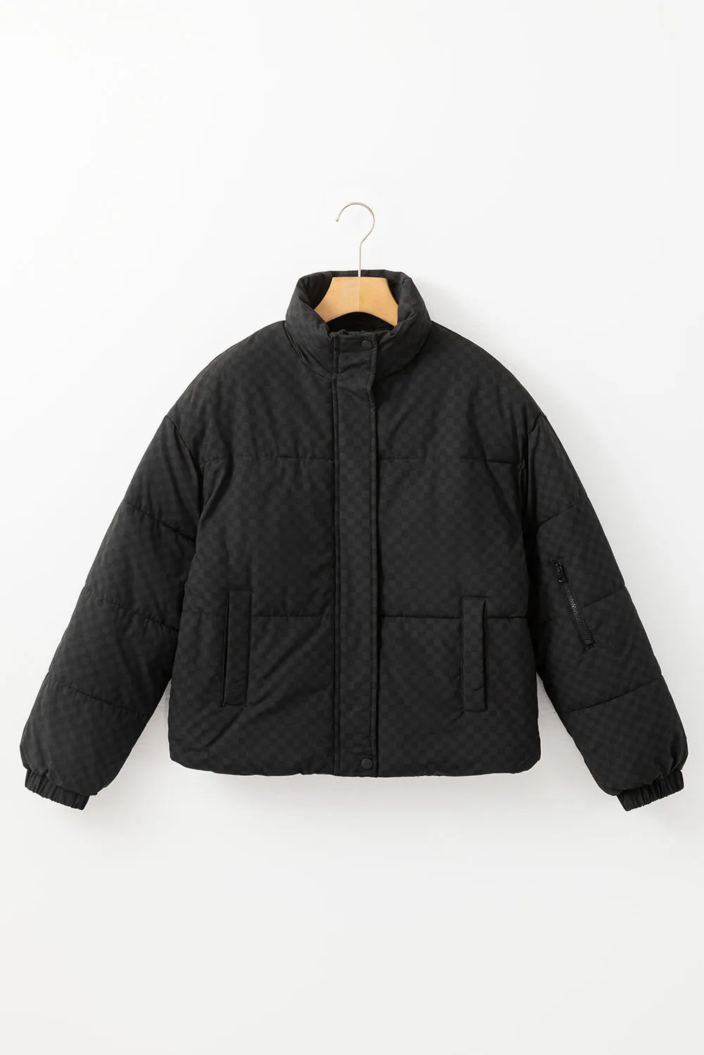 Black Checkerboard Full Zipper Puffer Jacket