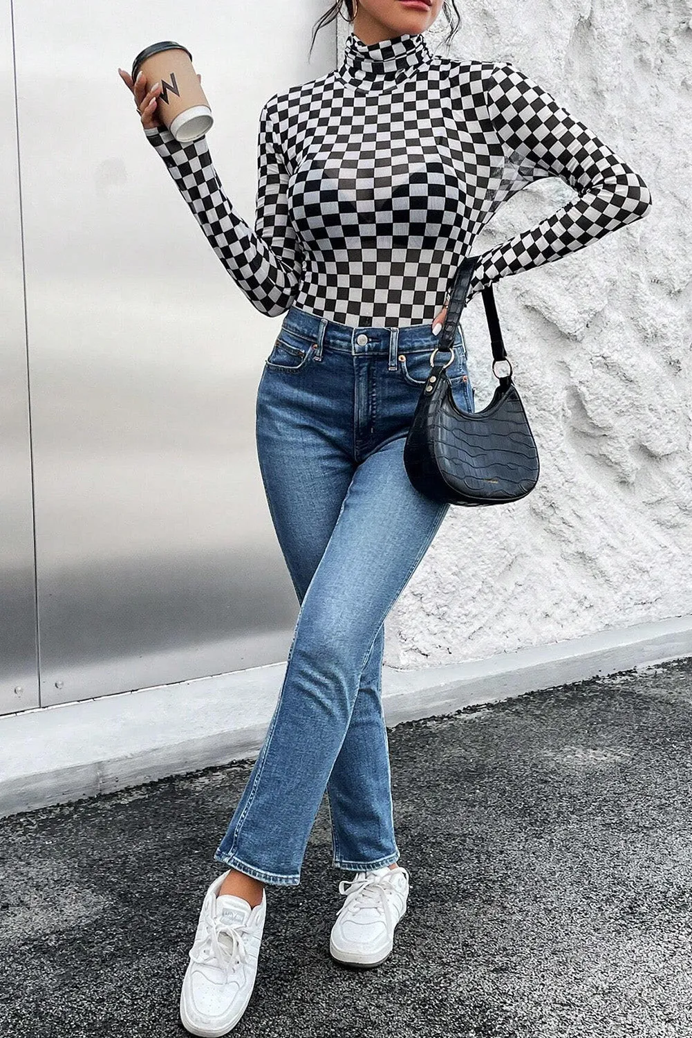 Black Checkered Printed Long Sleeve High Neck Bodysuit