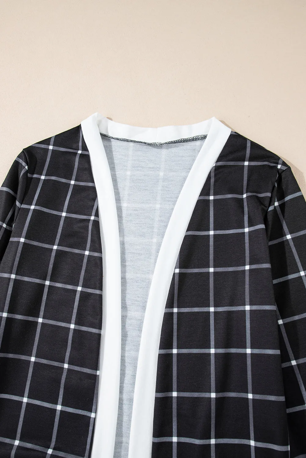 Black Plaid Colorblock Edge Open Cardigan with Pocket