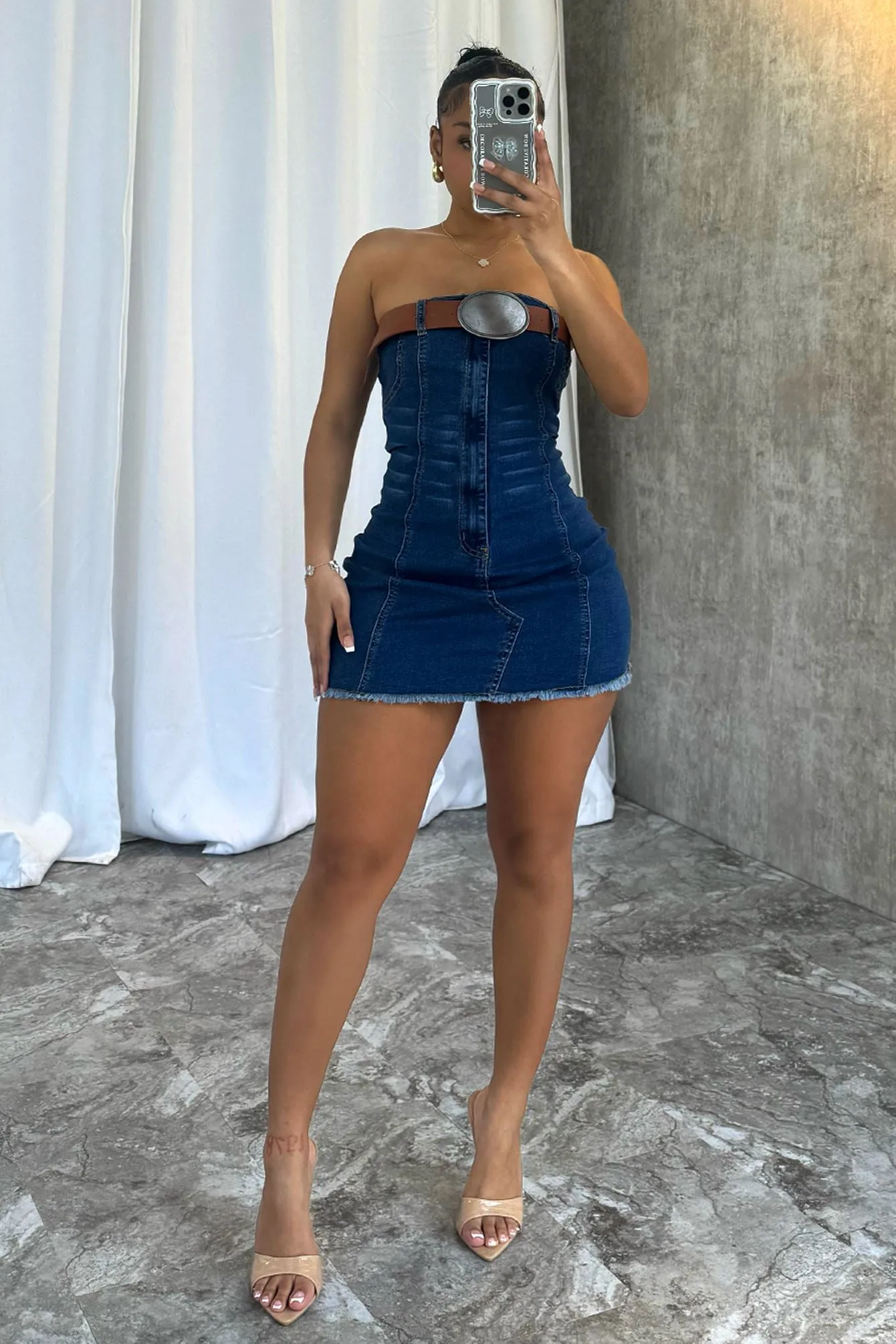 Bottoms Up Belted Denim Tube Dress