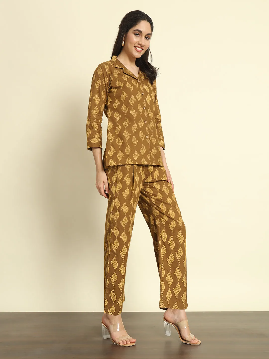 Brown Printed Linen Pants