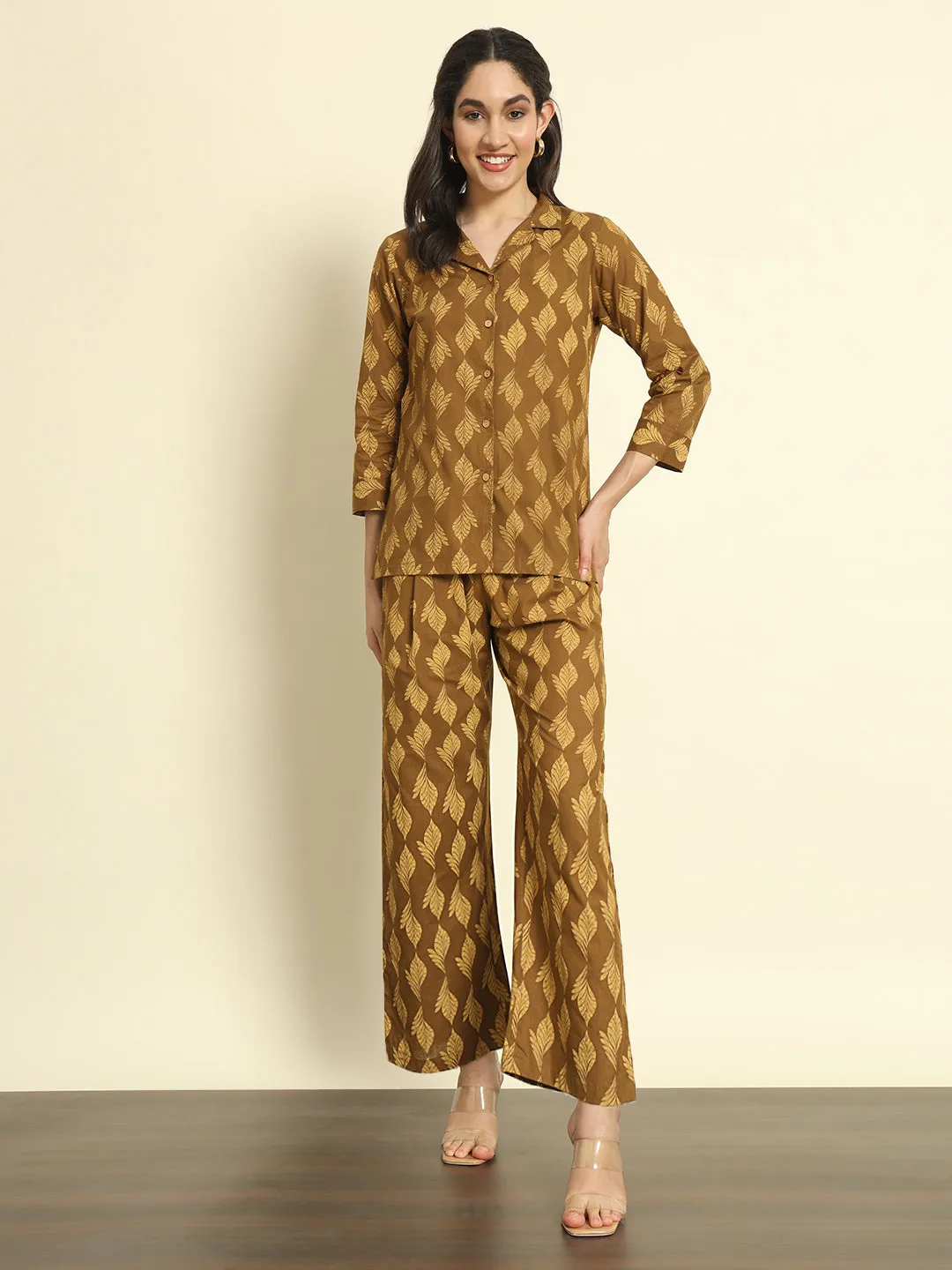 Brown Printed Linen Pants