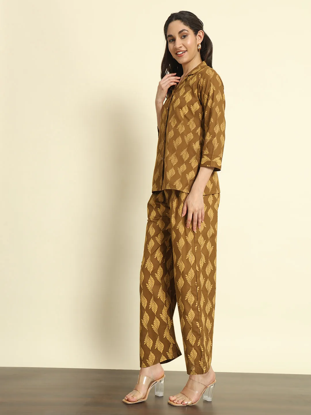 Brown Printed Linen Pants