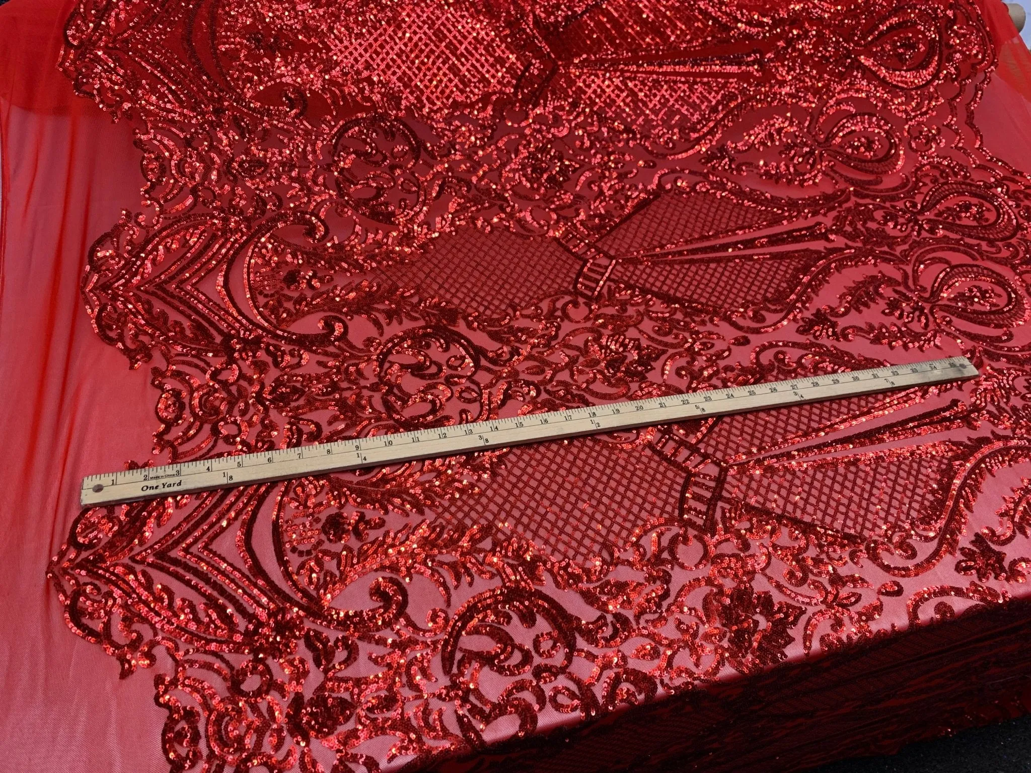 BY THE YARD/ Geometric Design Mesh Lace Fabric Sequins 4 Way Stretch On A Red Mesh/Lace Embroider (Red) Prom/Gowns Dress/Veil/ Tablecloths