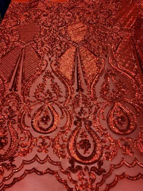 BY THE YARD/ Geometric Design Mesh Lace Fabric Sequins 4 Way Stretch On A Red Mesh/Lace Embroider (Red) Prom/Gowns Dress/Veil/ Tablecloths