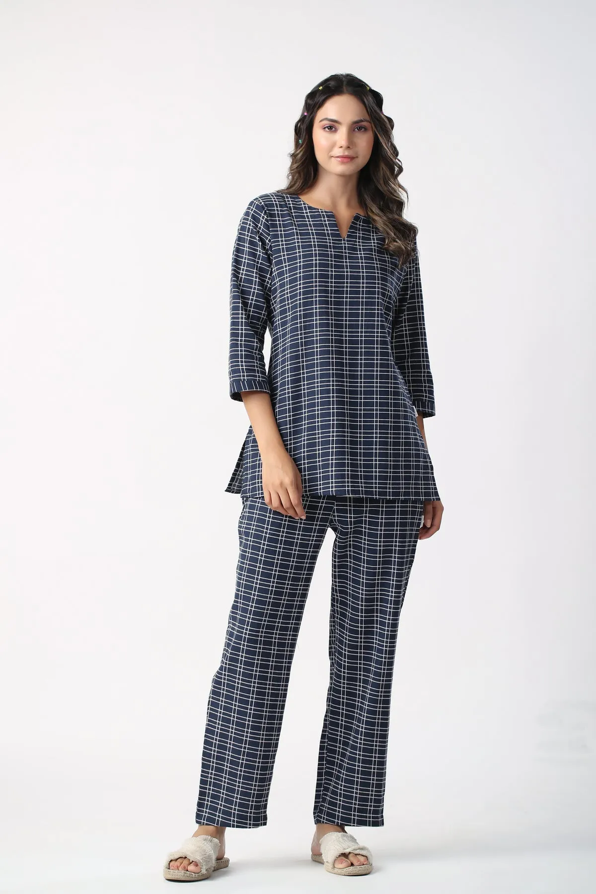 Checkered Blue Cotton Flex loungewear set