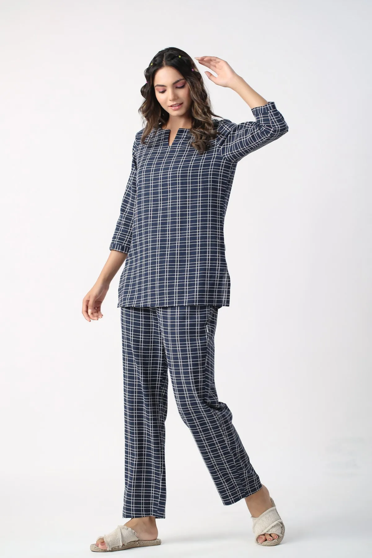 Checkered Blue Cotton Flex loungewear set