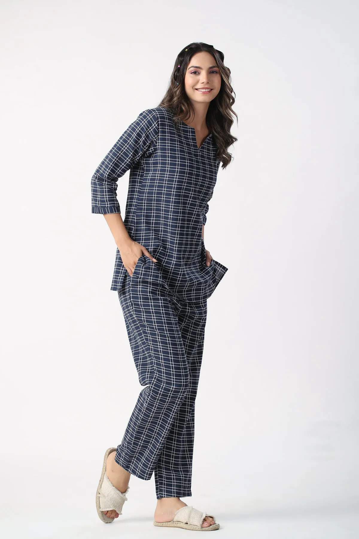 Checkered Blue Cotton Flex loungewear set