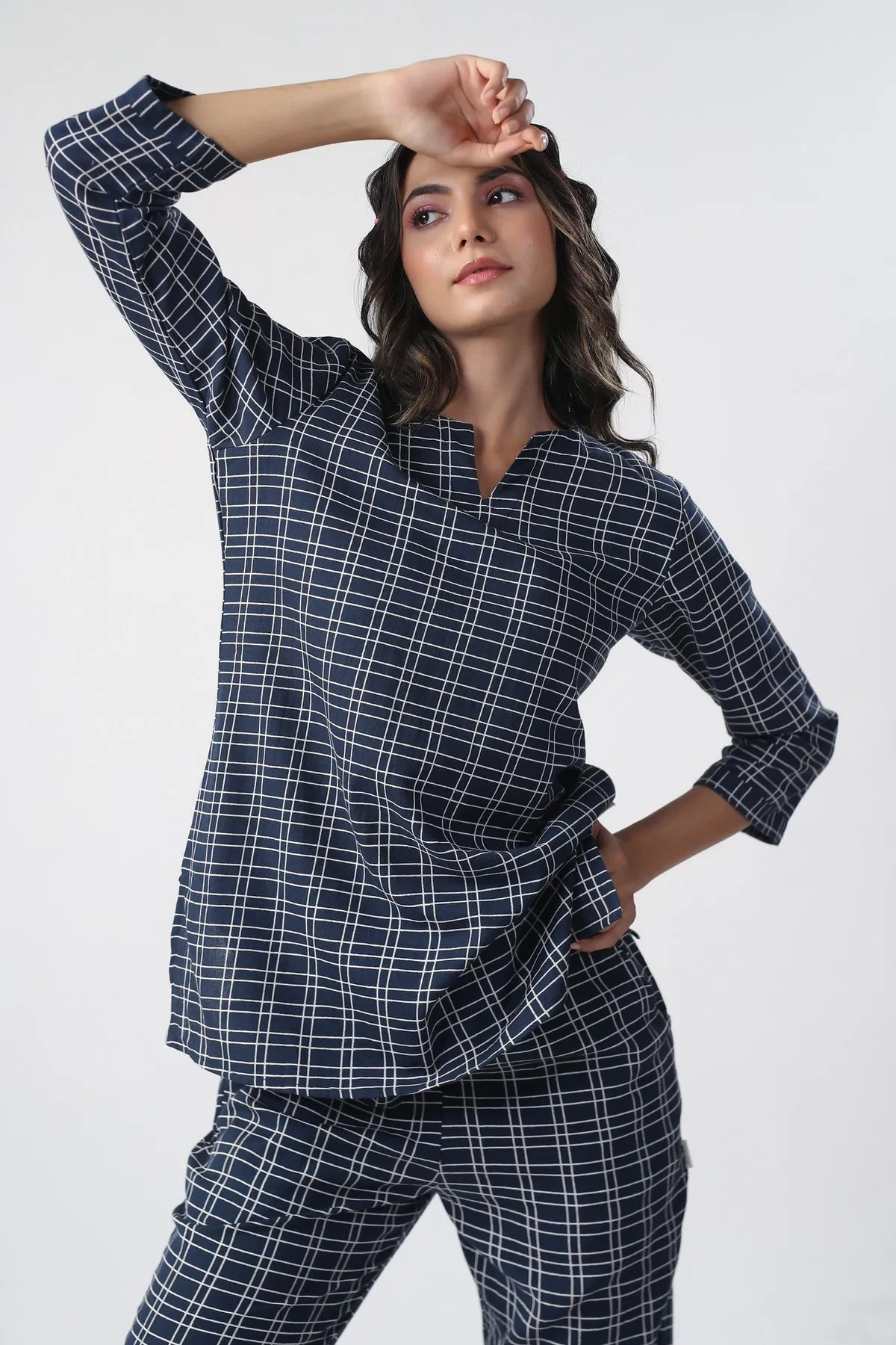 Checkered Blue Cotton Flex loungewear set