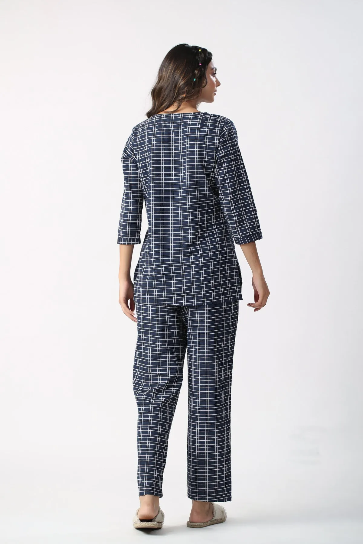 Checkered Blue Cotton Flex loungewear set