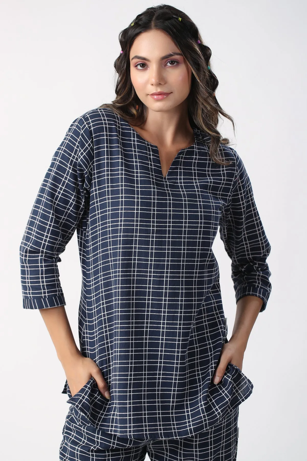 Checkered Blue Cotton Flex loungewear set