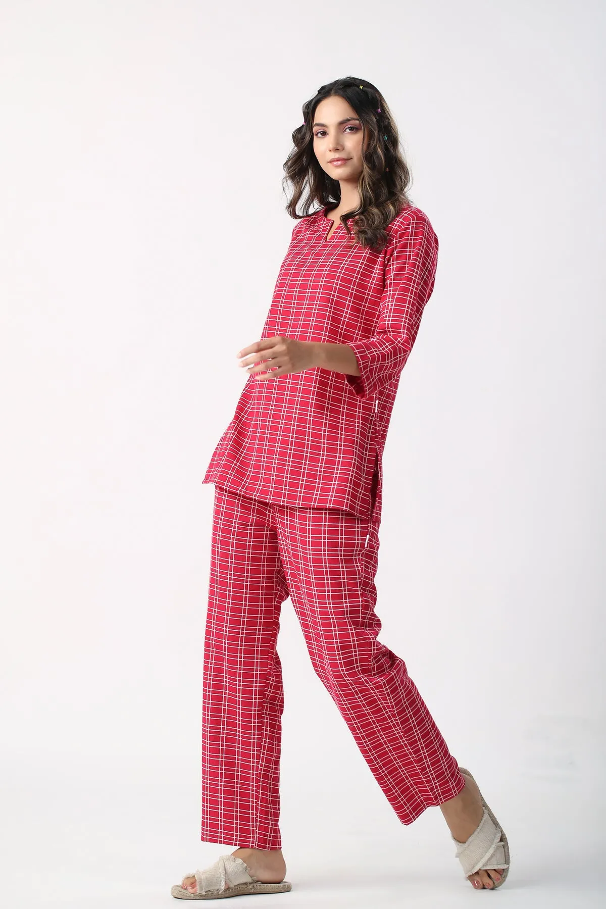 Checkered Maroon Cotton Flex Loungewear set