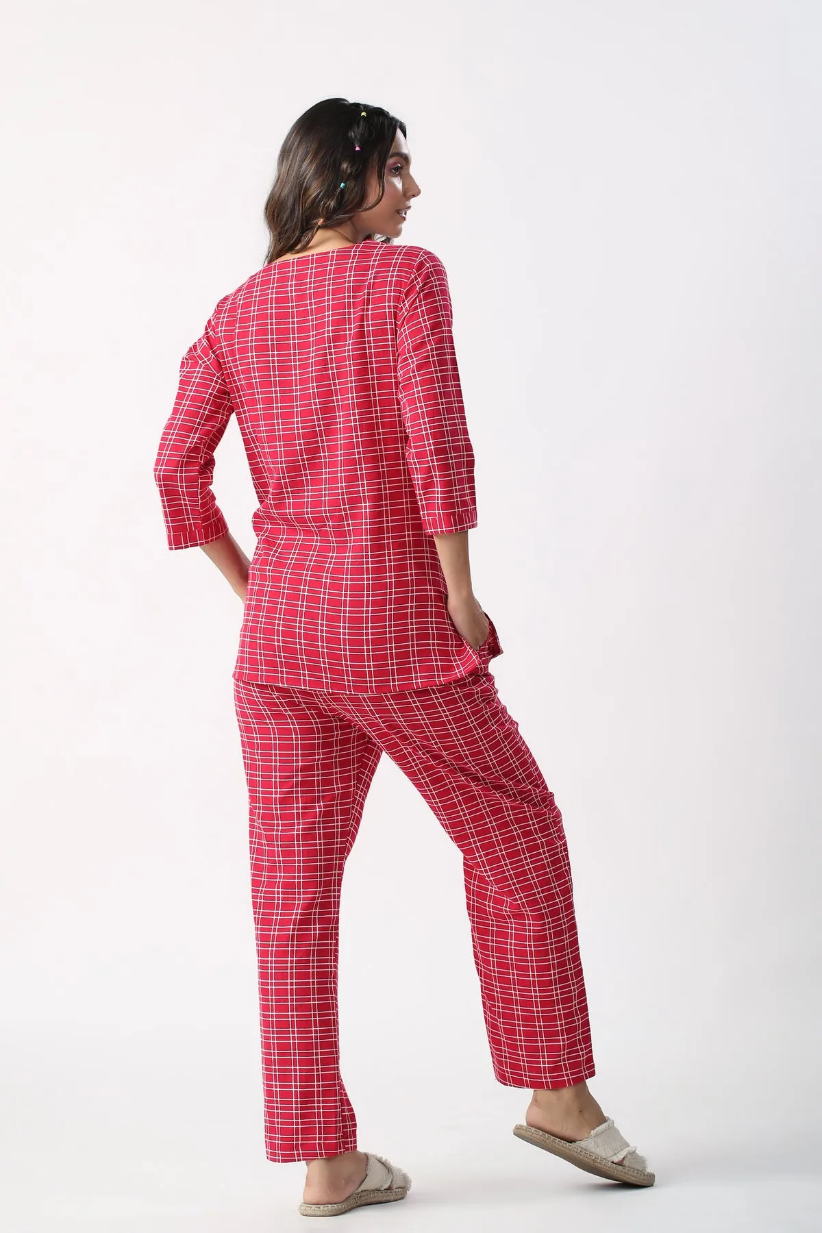 Checkered Maroon Cotton Flex Loungewear set