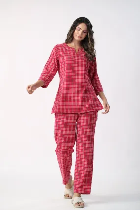 Checkered Maroon Cotton Flex Loungewear set