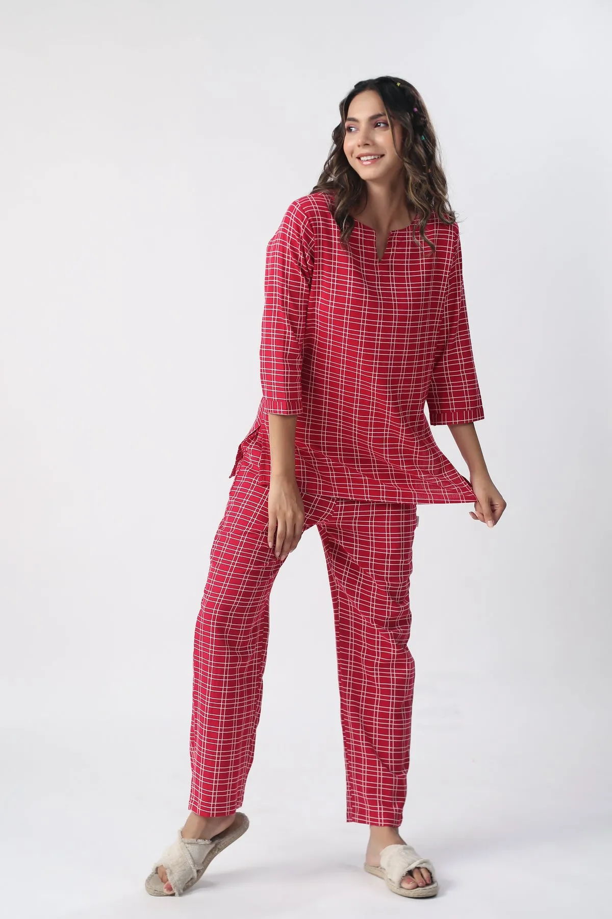 Checkered Maroon Cotton Flex Loungewear set