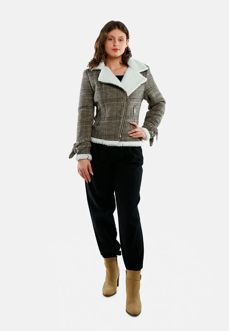 Checkered Shearling Collar Winter Jacket