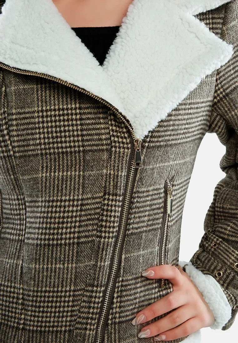 Checkered Shearling Collar Winter Jacket