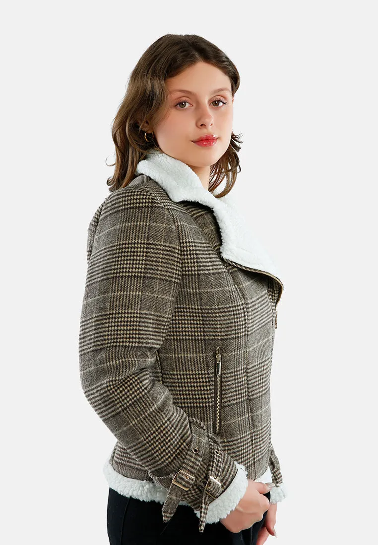 Checkered Shearling Collar Winter Jacket