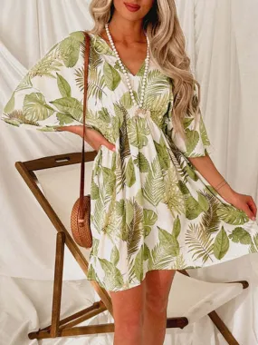 Chic Casual Green Leaves Print Batwing Sleeve Dress