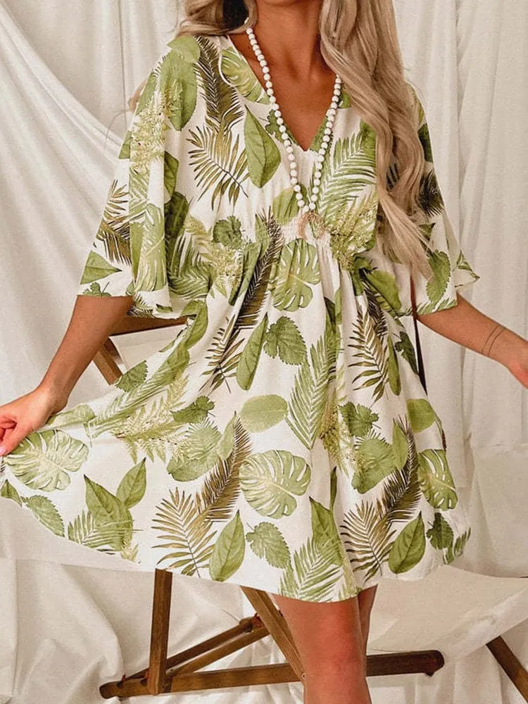 Chic Casual Green Leaves Print Batwing Sleeve Dress