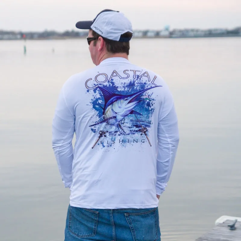 Coastal White Men's Long Sleeve QuickDry Fishing Shirt - Marlin Design