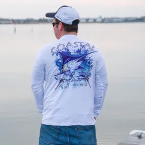 Coastal White Men's Long Sleeve QuickDry Fishing Shirt - Marlin Design