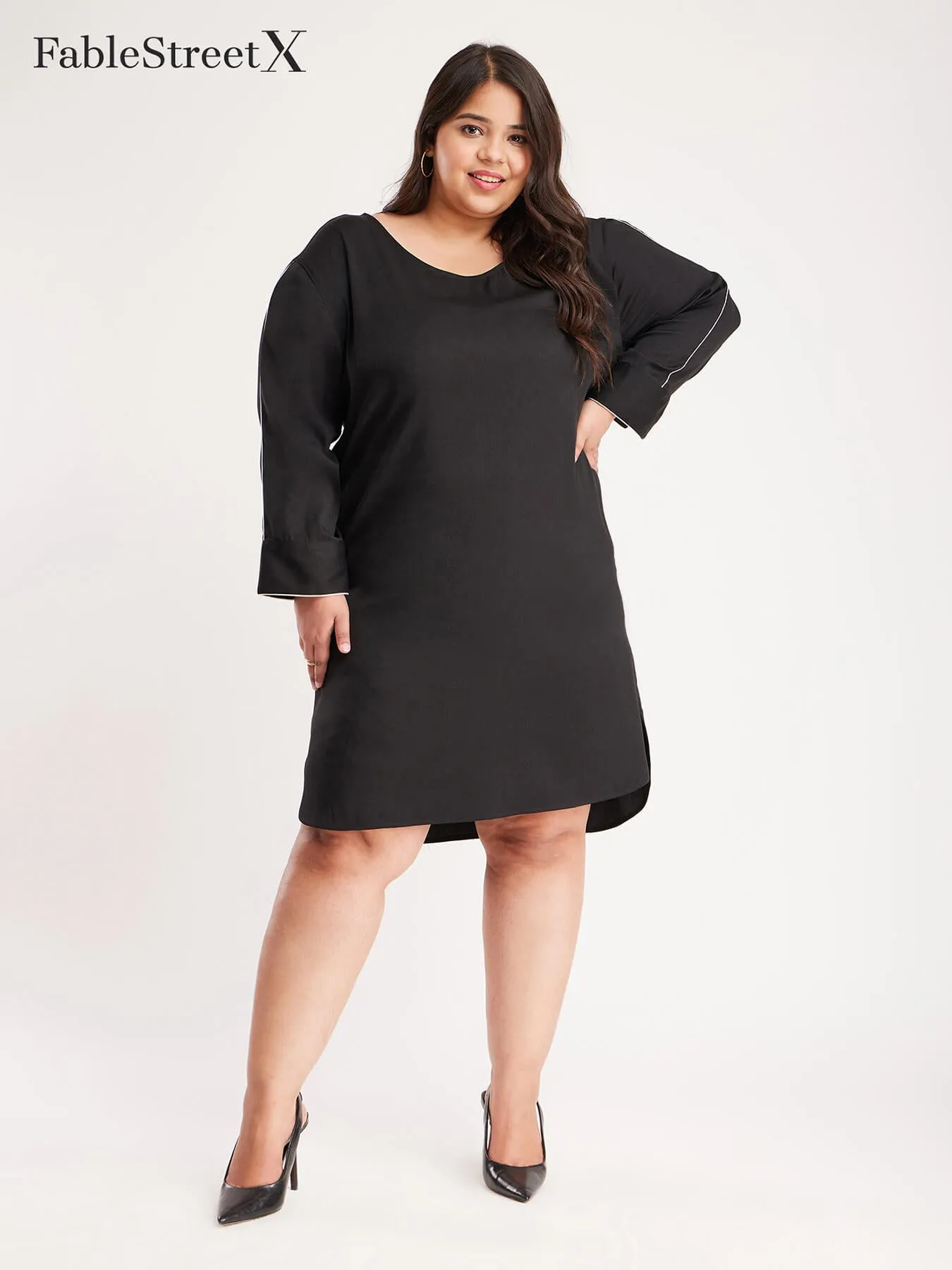 Drop Shoulder Shift Dress - Black