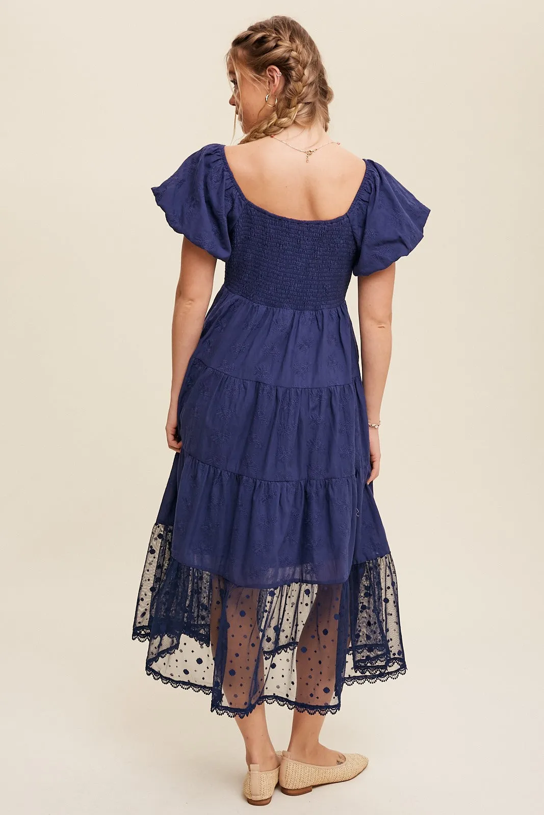 Embroidery Tiered Maxi Dress in Navy