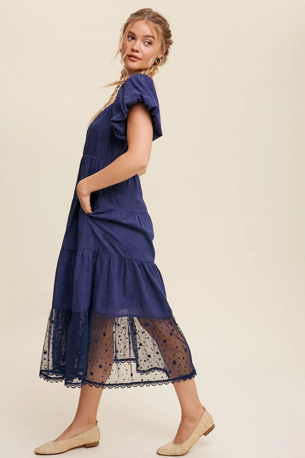 Embroidery Tiered Maxi Dress in Navy