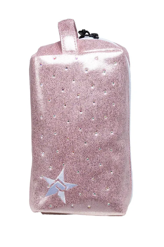 Faux Suede in Pink Champagne with Crystal Scatter Rebel Makeup Bag with White Zipper