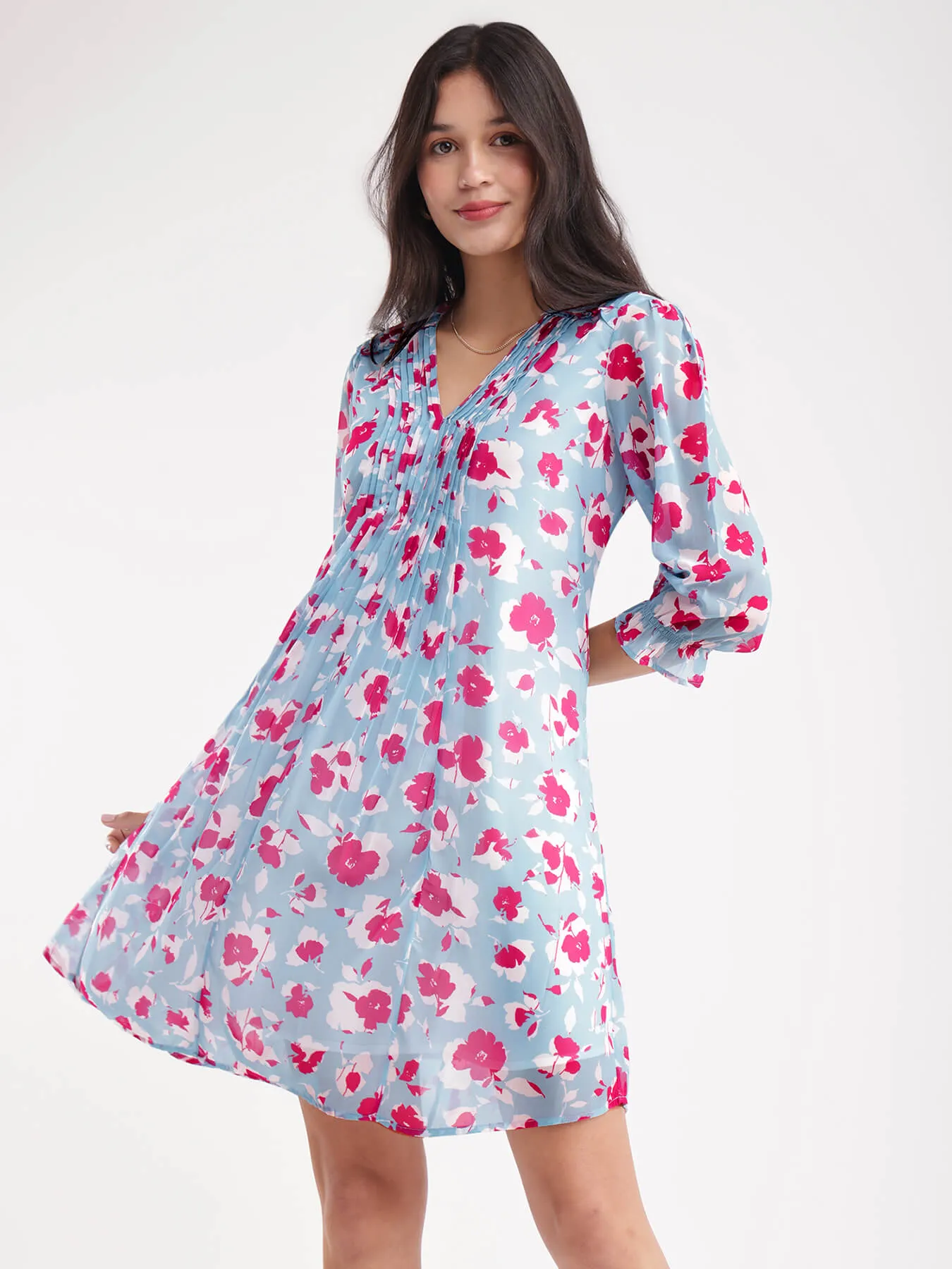 Floral A-line Dress - Blue