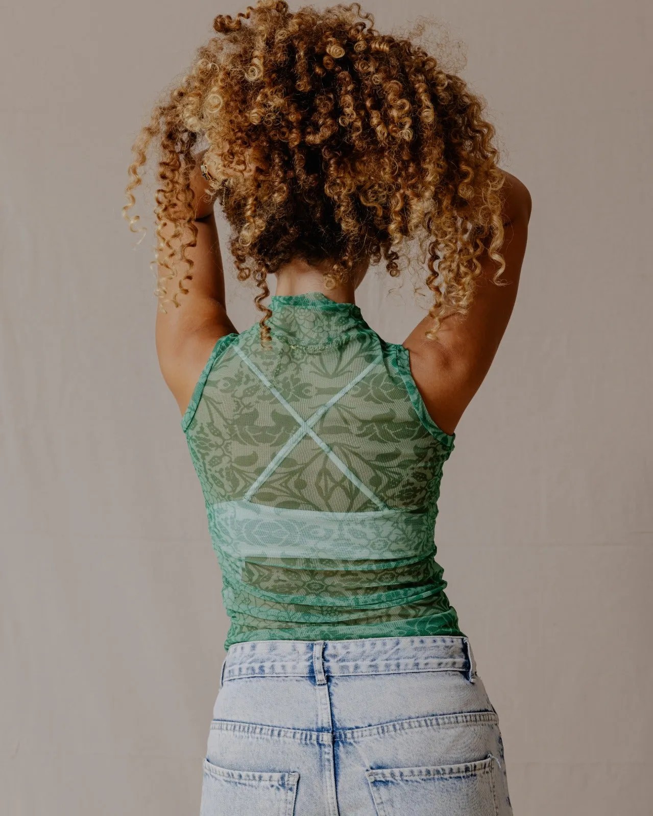 Floral Fusion Mesh Top Green