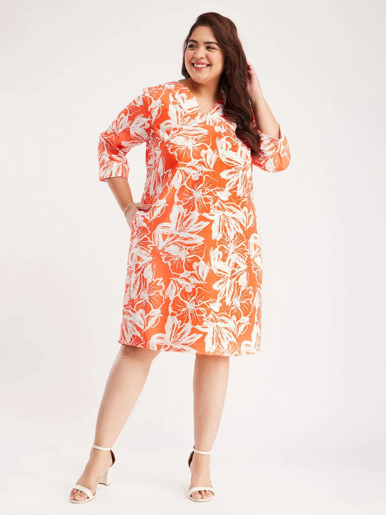 Floral Print Shift Dress - Coral And Off White