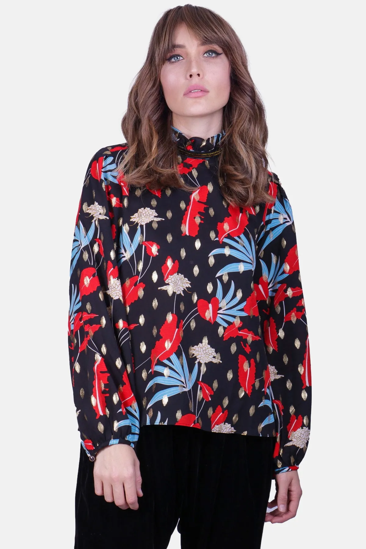 Floral Printed Long Sleeve Choir Blouse in Black