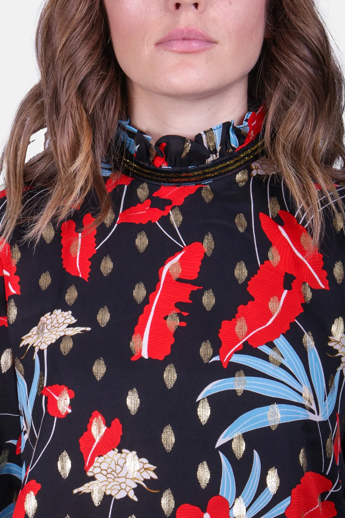 Floral Printed Long Sleeve Choir Blouse in Black