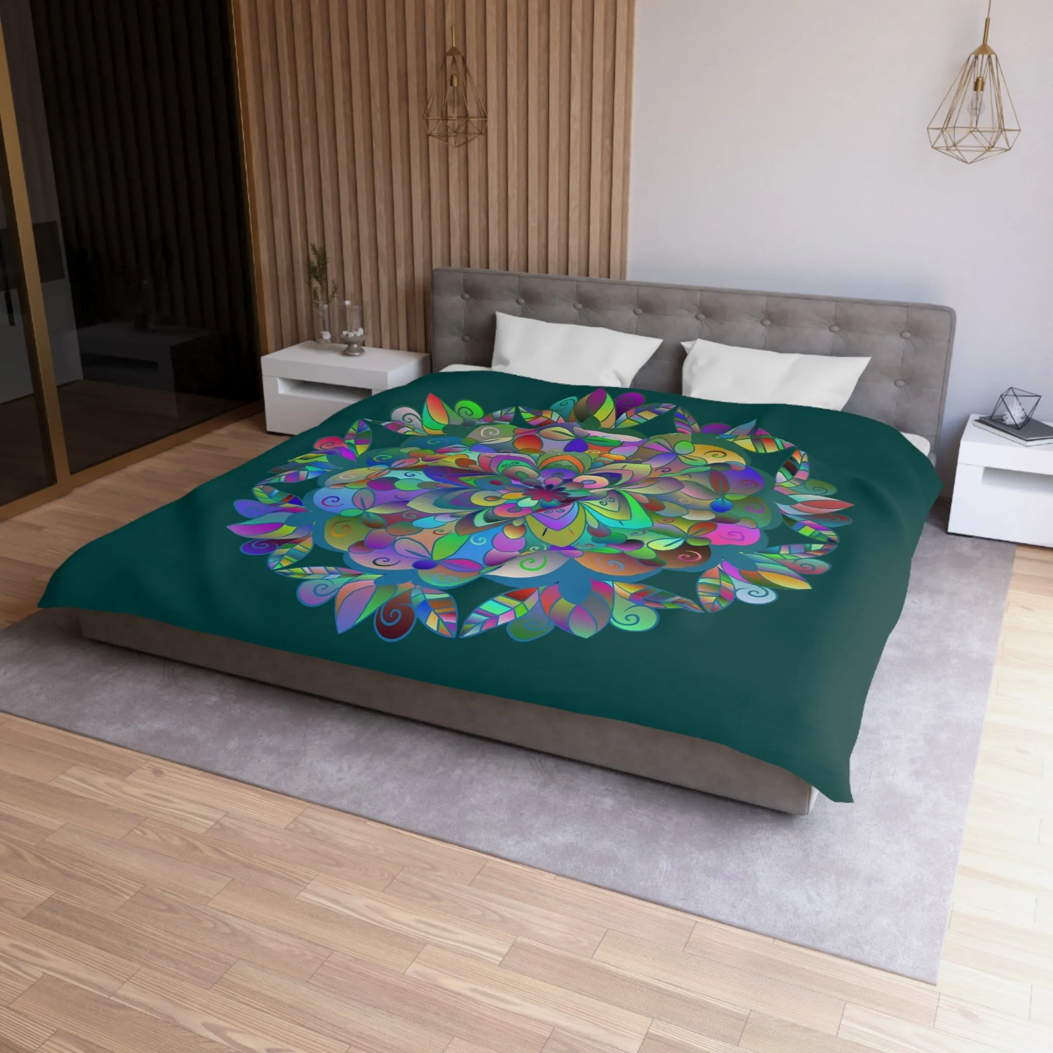 Handmade Mandala Design Microfiber Duvet Cover - Colorful Mandala on Dark Petroleum Green