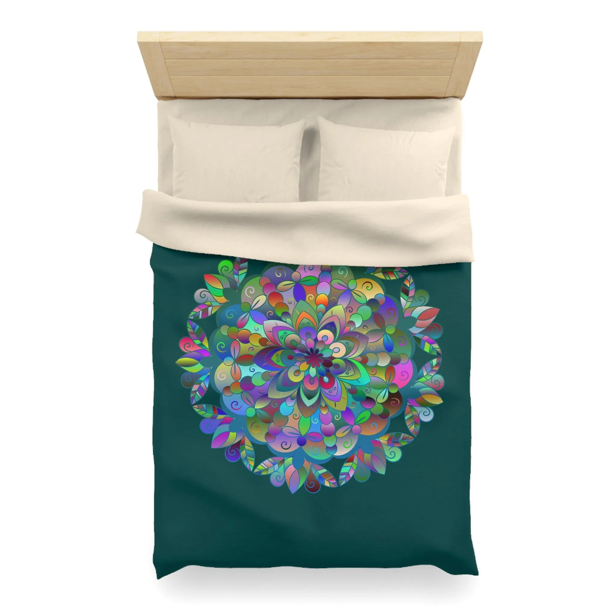 Handmade Mandala Design Microfiber Duvet Cover - Colorful Mandala on Dark Petroleum Green